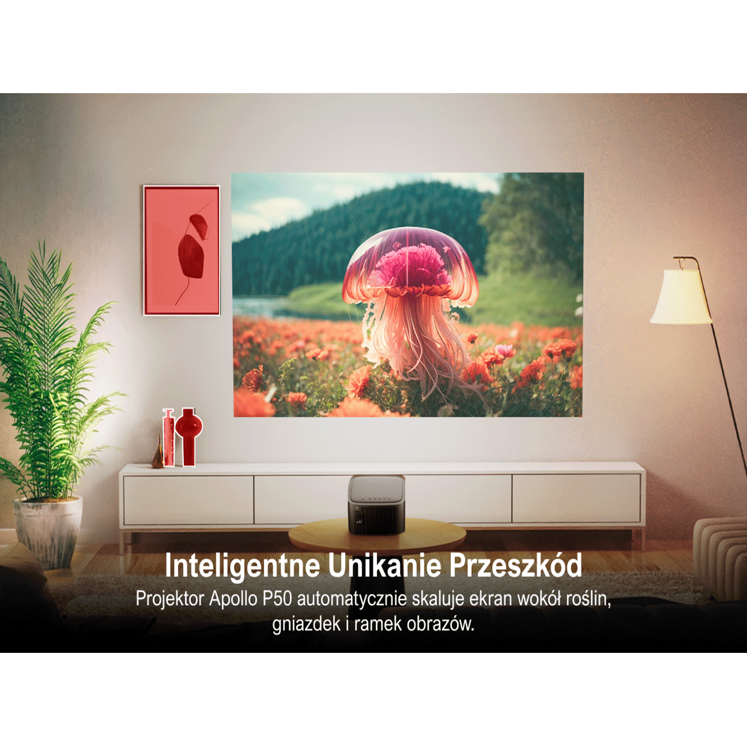Projektor na stole wyświetlający na ścianie z rośliną. Tekst o automatycznym omijaniu przeszkód.