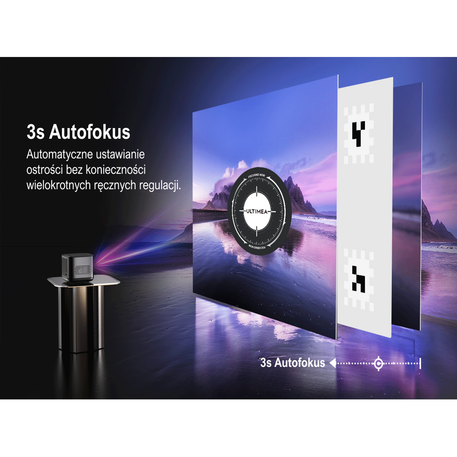 Projektor na statywie wyświetla obraz na ekranie ze wskaźnikami ostrości. Ekran pokazuje scenę z plażą.