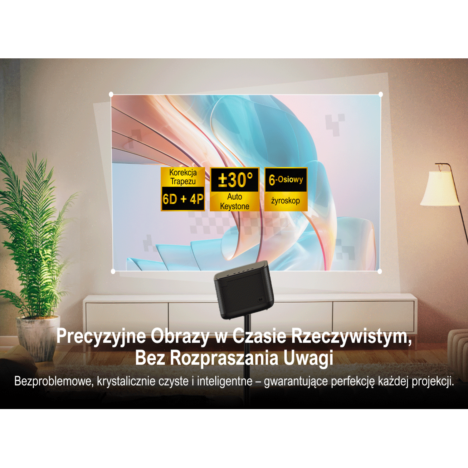 Projektor wyświetlający na ścianie. Tekst o precyzyjnych obrazach, automatycznej korekcji trapezu i 6-osiowym żyroskopie.