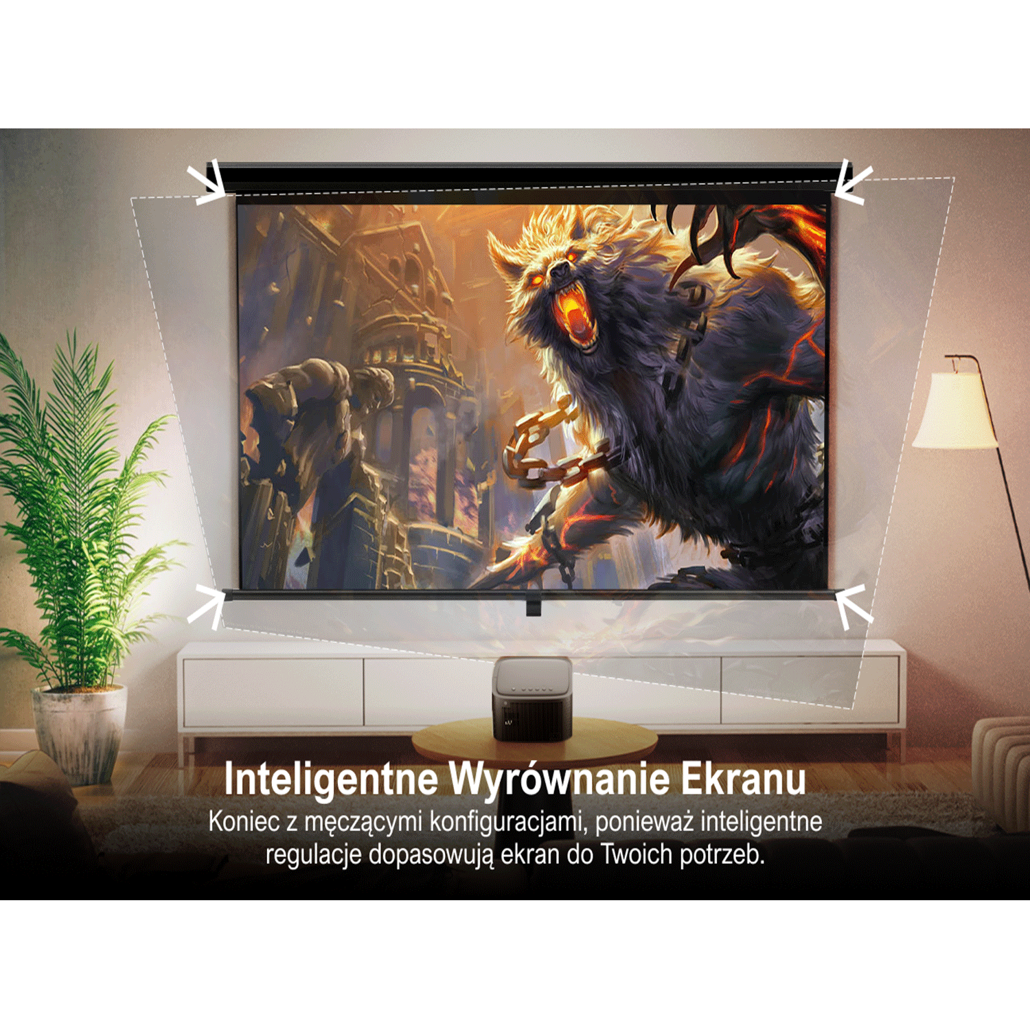 Duży ekran wyświetlający film. Przed nim znajduje się projektor.