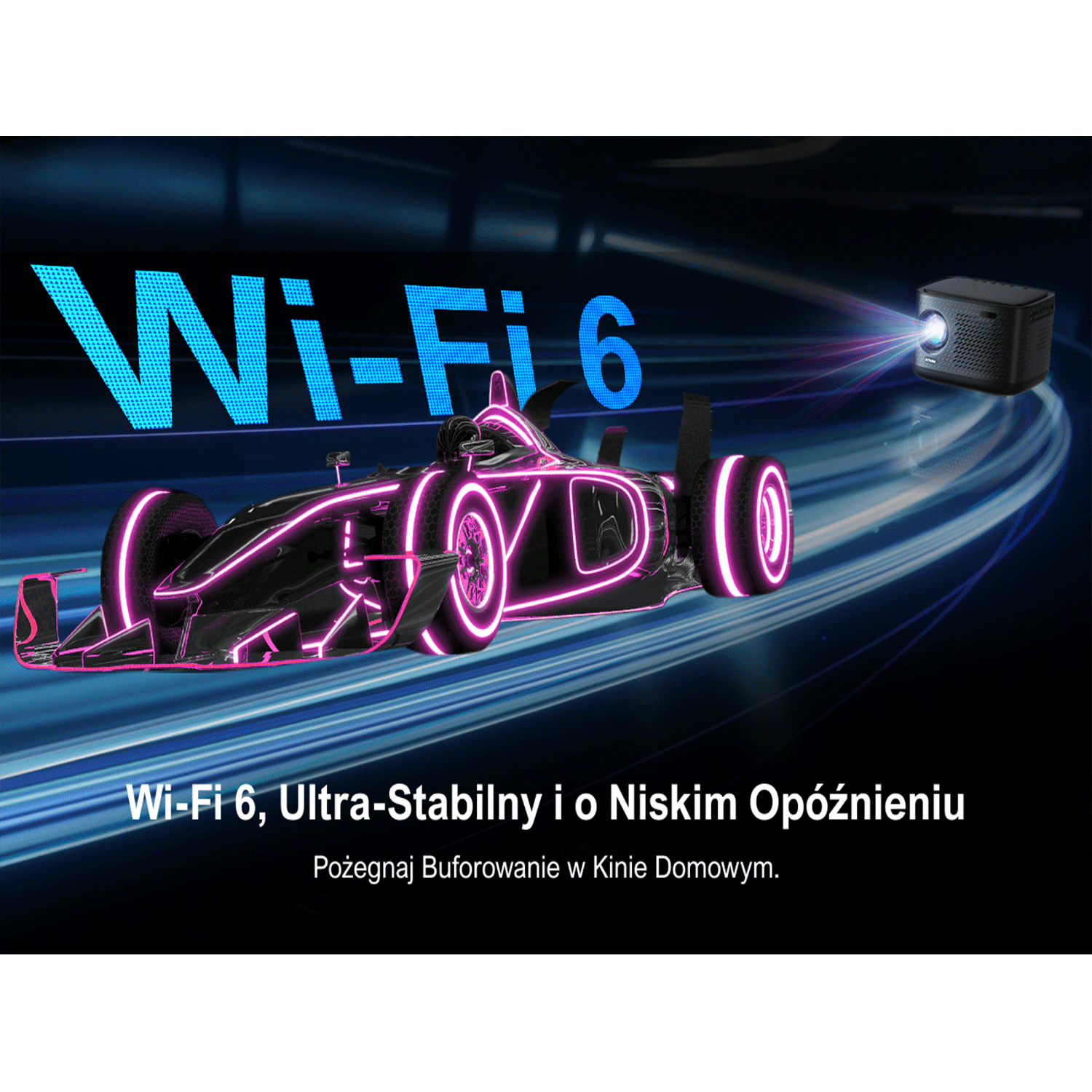 Czarny projektor wyświetla neonowy samochód wyścigowy z tekstem Wi-Fi 6.