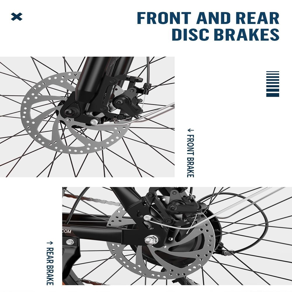 Nahaufnahme von Fahrrad-Scheibenbremsen. Die Bremsen sind silber und schwarz.