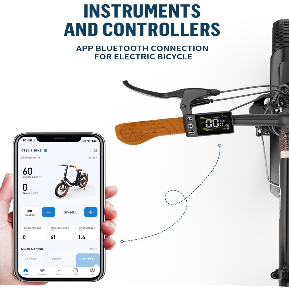 Elektrische Fahrradsteuerung mit verbundener Telefon-App. Zeigt Geschwindigkeit, Akku und Fahrradbild. Lenker und Bildschirm sichtbar.