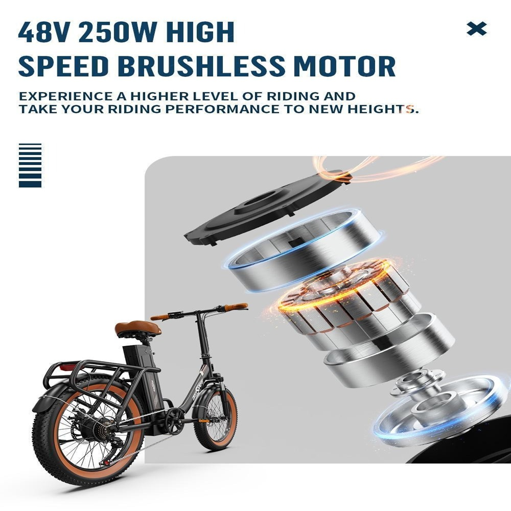 Das Bild zeigt einen zerlegten Elektromotor mit Text zur Werbung für den Motor. Ein montiertes Fahrrad steht daneben.