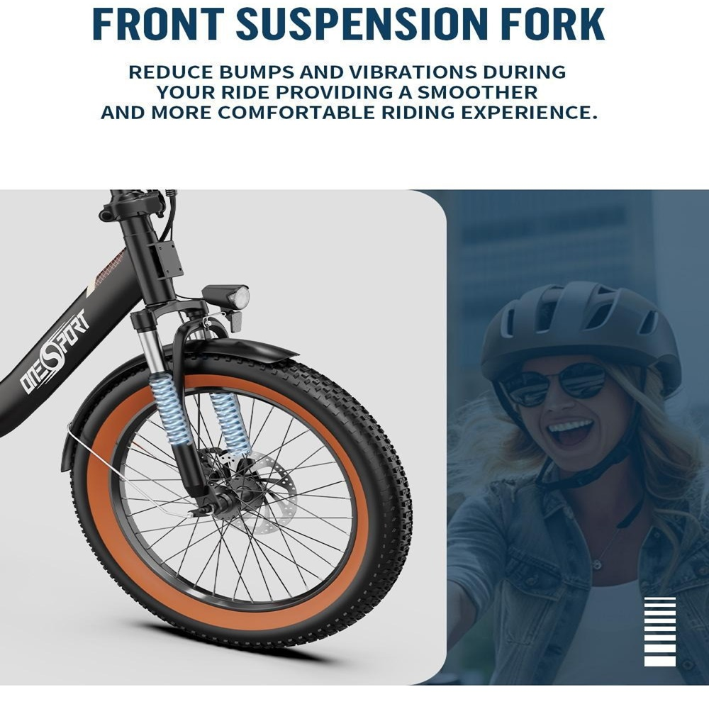 Person fährt Fahrrad mit Vorderradgabel, mit Frau mit Helm.