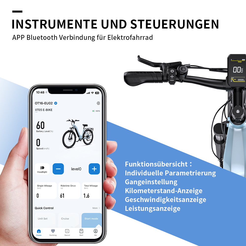 Eine Hand hält ein Telefon, das eine E-Bike-App-Oberfläche und Fahrradsteuerungen anzeigt.