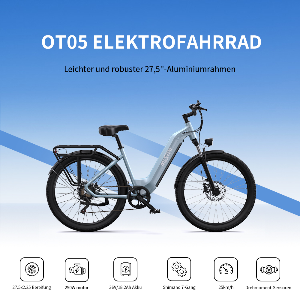 Ein hellblaues Elektrofahrrad mit Text und Symbolen, die die Eigenschaften beschreiben.