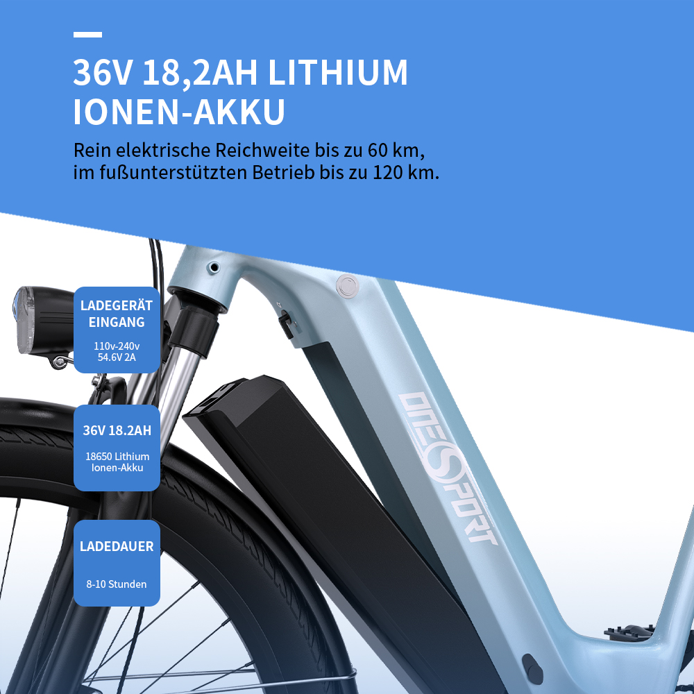 Nahaufnahme eines Fahrrads mit Akku und Text, der Akkudetails beschreibt.