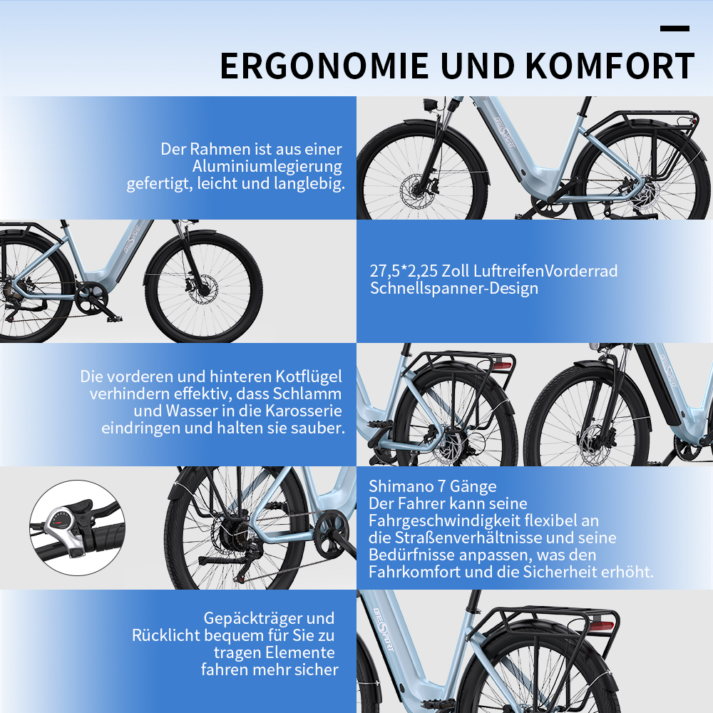 Bilder von Fahrrädern mit Text, der Merkmale wie Rahmen, Kotflügel, Gänge und Komfort beschreibt.