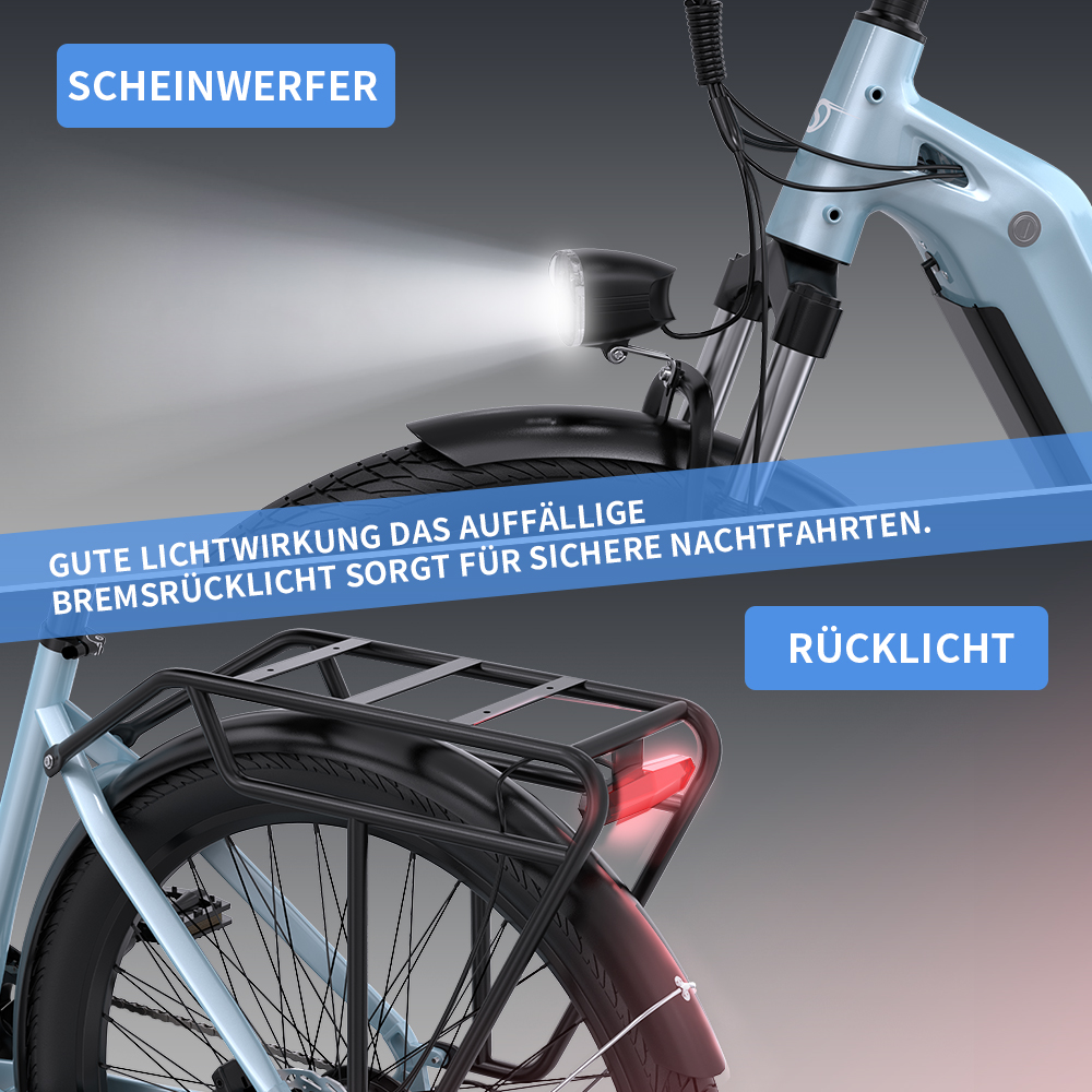 Nahaufnahme eines Fahrradscheinwerfers und Rücklichts, mit Textbeschriftungen.