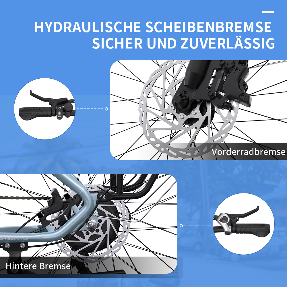 Nahaufnahme von Fahrradbremsen: Scheibenbremse und Bremshebeldetails, beschriftet.