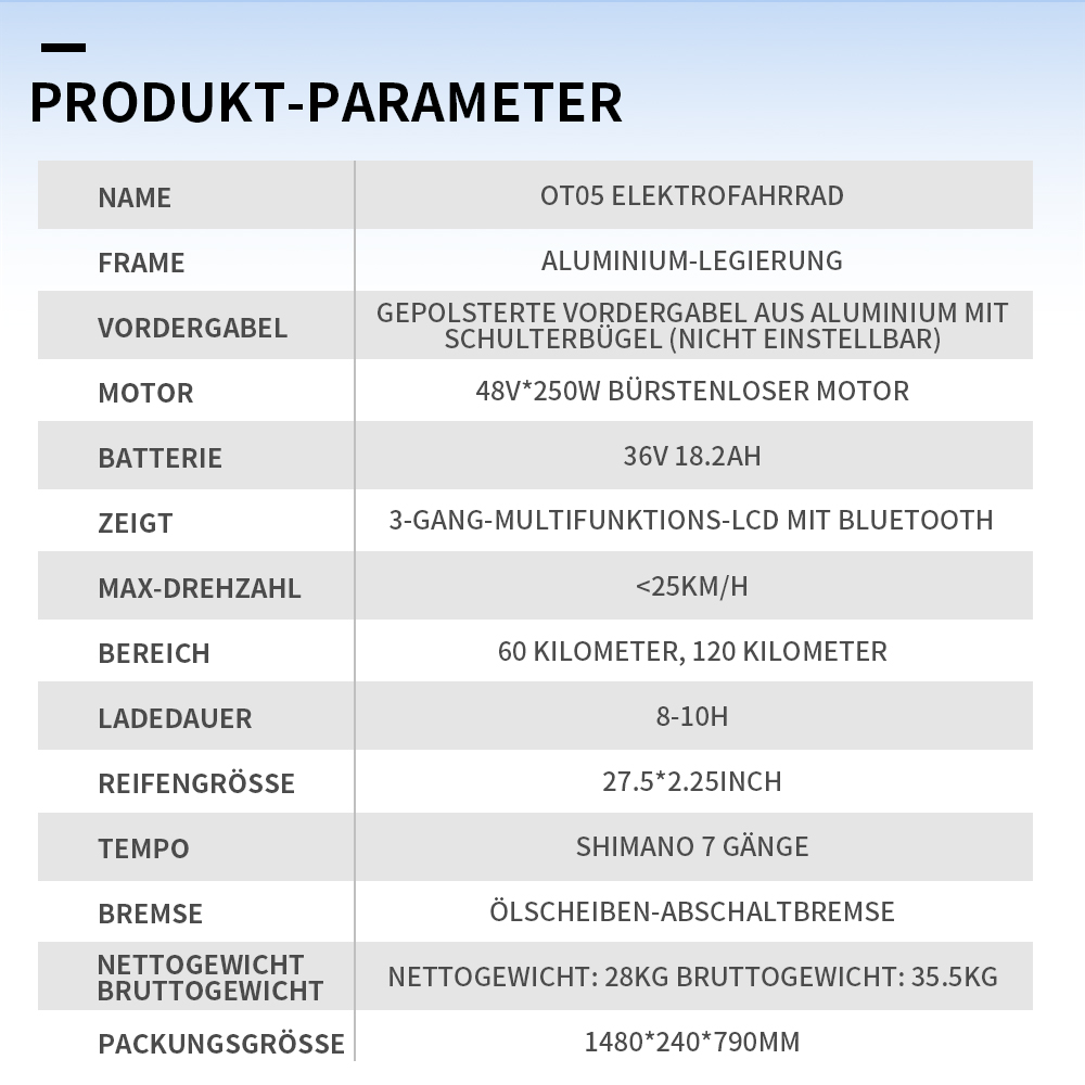 Tabelle mit Produktparametern wie Name, Rahmen, Motor, Batterie, Reichweite und Abmessungen.
