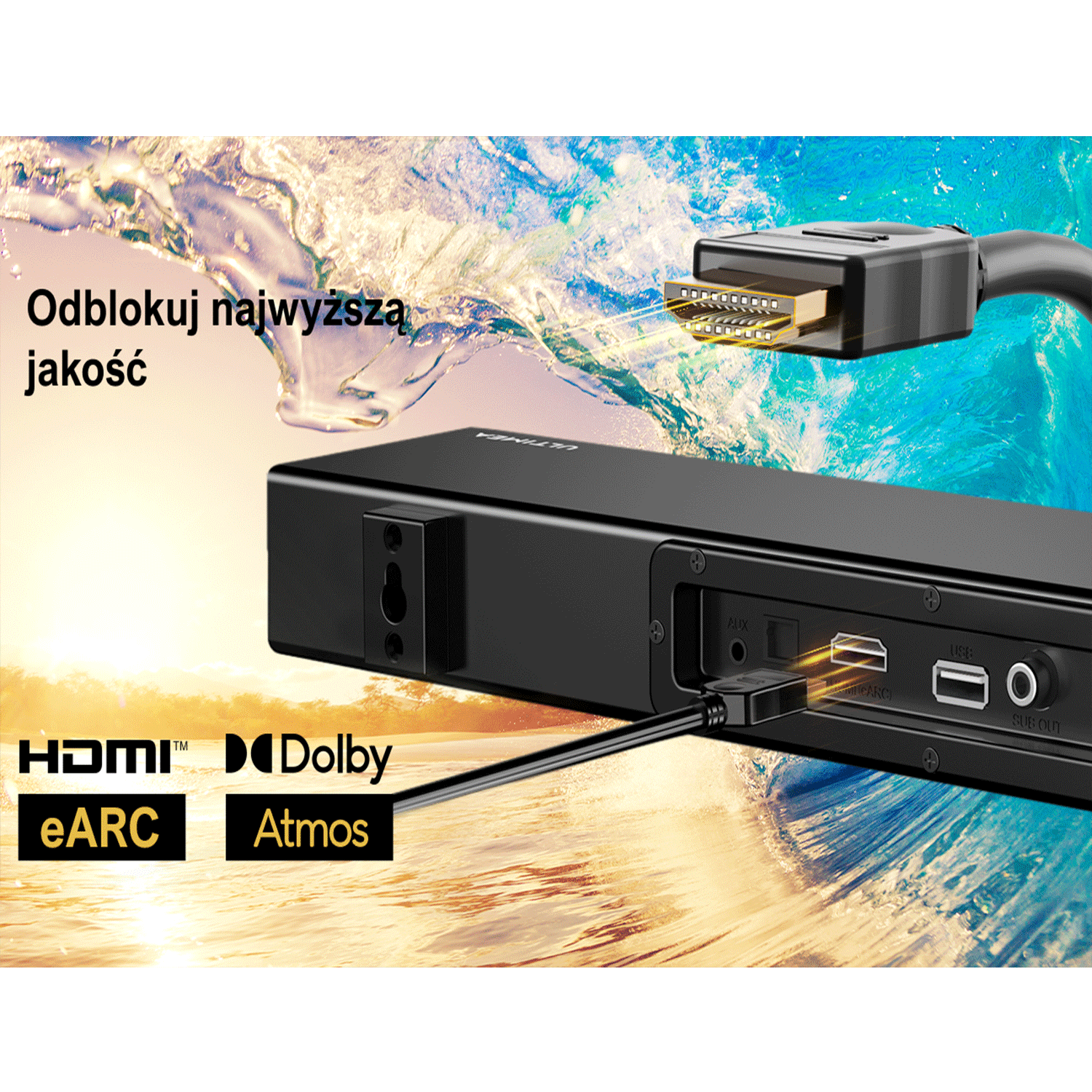 Czarny soundbar jest podłączony do telewizora kablem HDMI. Widoczne są logo HDMI, Dolby i Atmos.