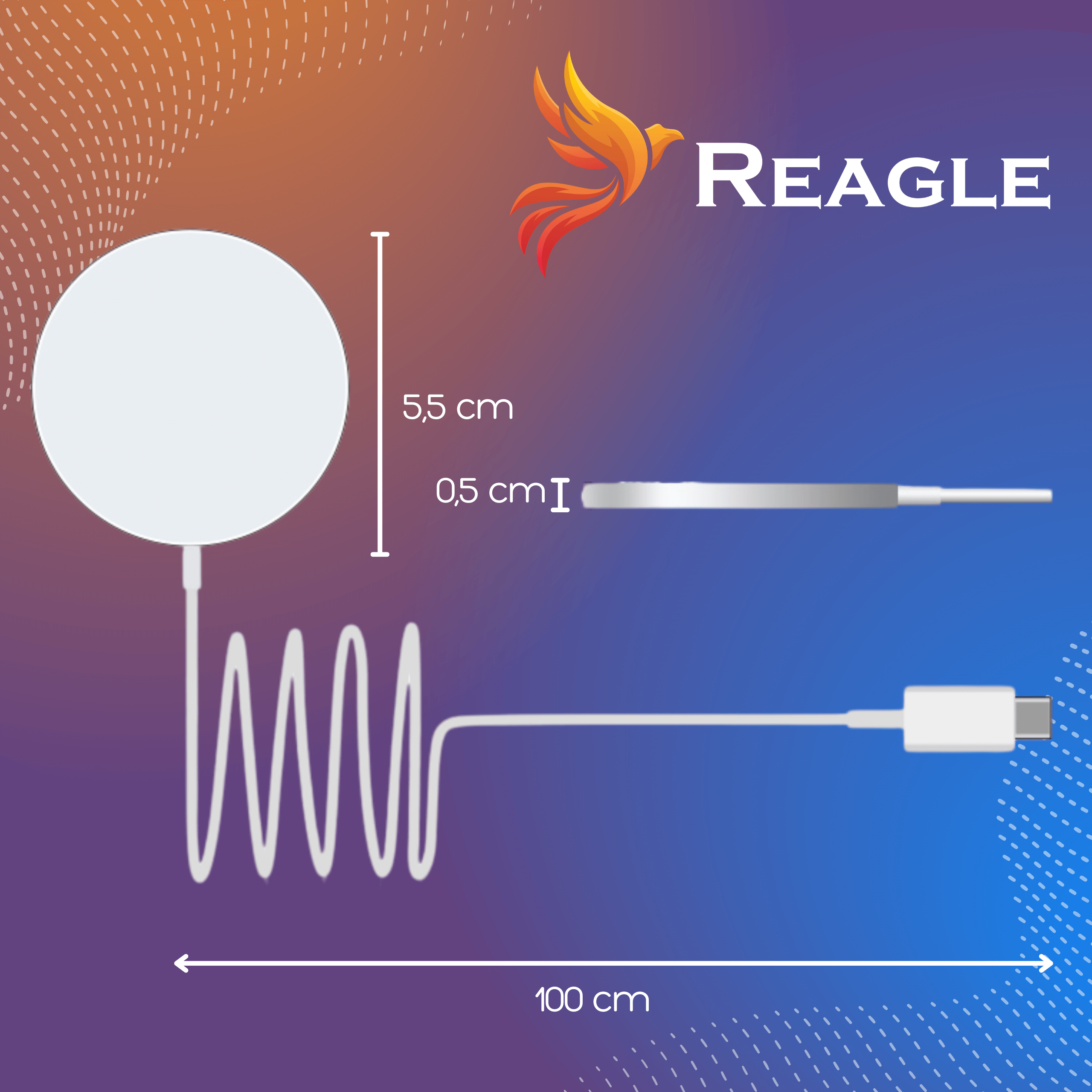 Biała ładowarka bezprzewodowa z białym kablem. Pokazuje również logo marki Reagle.
