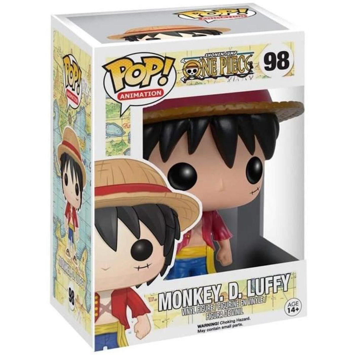 Funko Pop Figur von Monkey D. Luffy aus One Piece, in Box. Die Box hat Cartoon-Artwork.