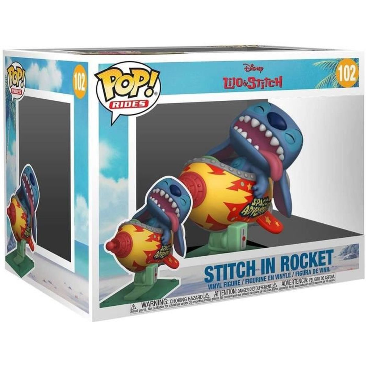 Stitch w zabawkowym statku kosmicznym, z pudełkiem, które mówi 'Stitch in Rocket'.