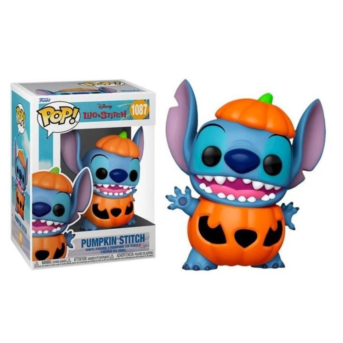 Stitch figure with a pumpkin head and body. The box has a picture of Stitch.