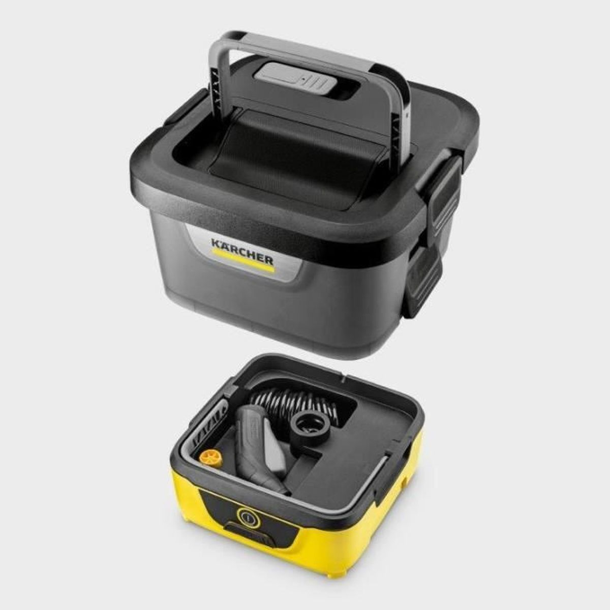 Eine Karcher-Box mit Fächern, innen gelb. Sie hat einen Griff oben.