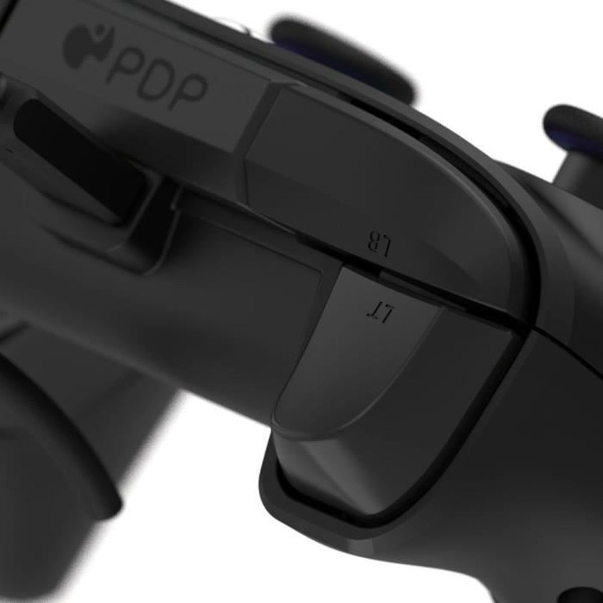 Close-up of a black game controller with the LB and LT buttons highlighted.