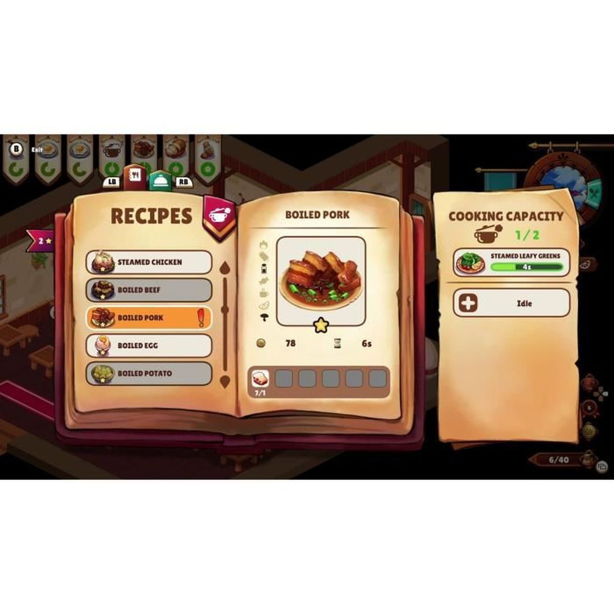 Una pantalla de videojuego que muestra un libro de recetas de cocina con cerdo hervido e información de capacidad de cocción.