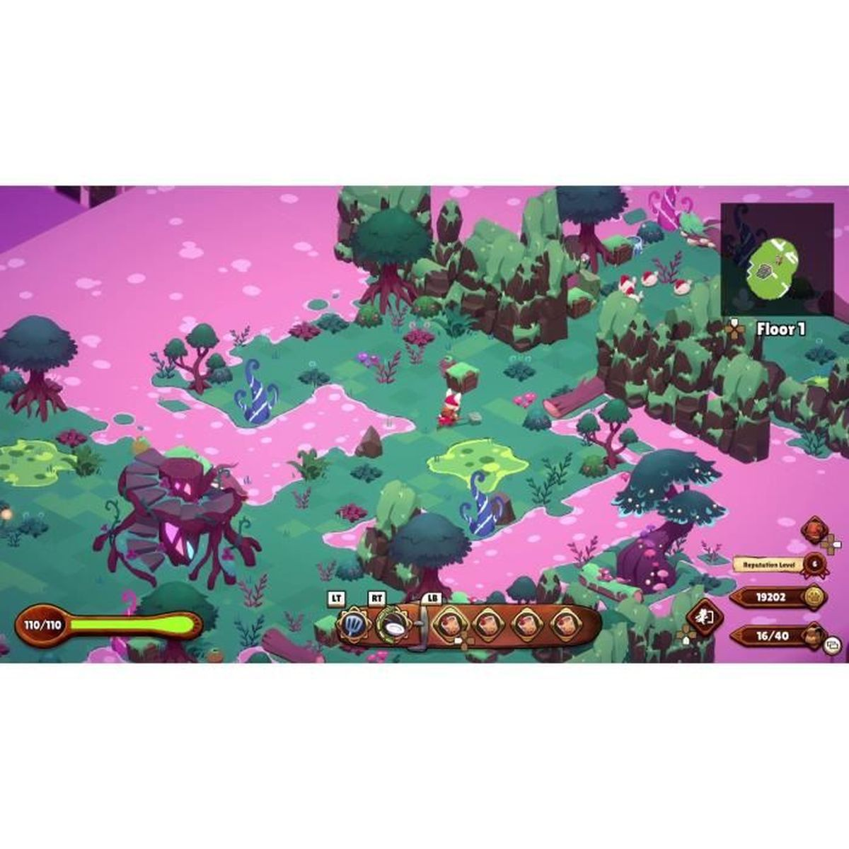 Una pantalla de juego que muestra una vista desde arriba de un paisaje colorido y caricaturesco con árboles y estructuras.