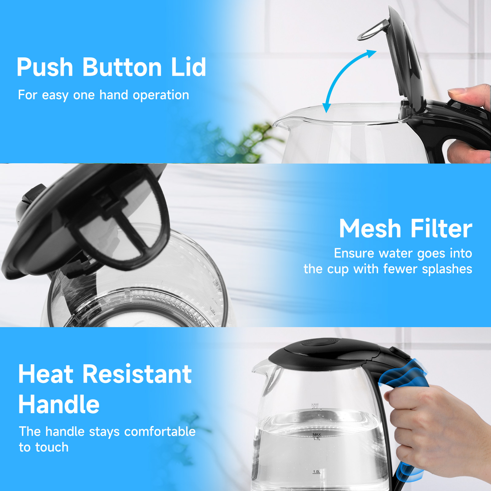 Ein klarer elektrischer Wasserkocher mit Wasser, Griff und Ausguss. Text hebt Merkmale wie Deckel und Filter hervor.