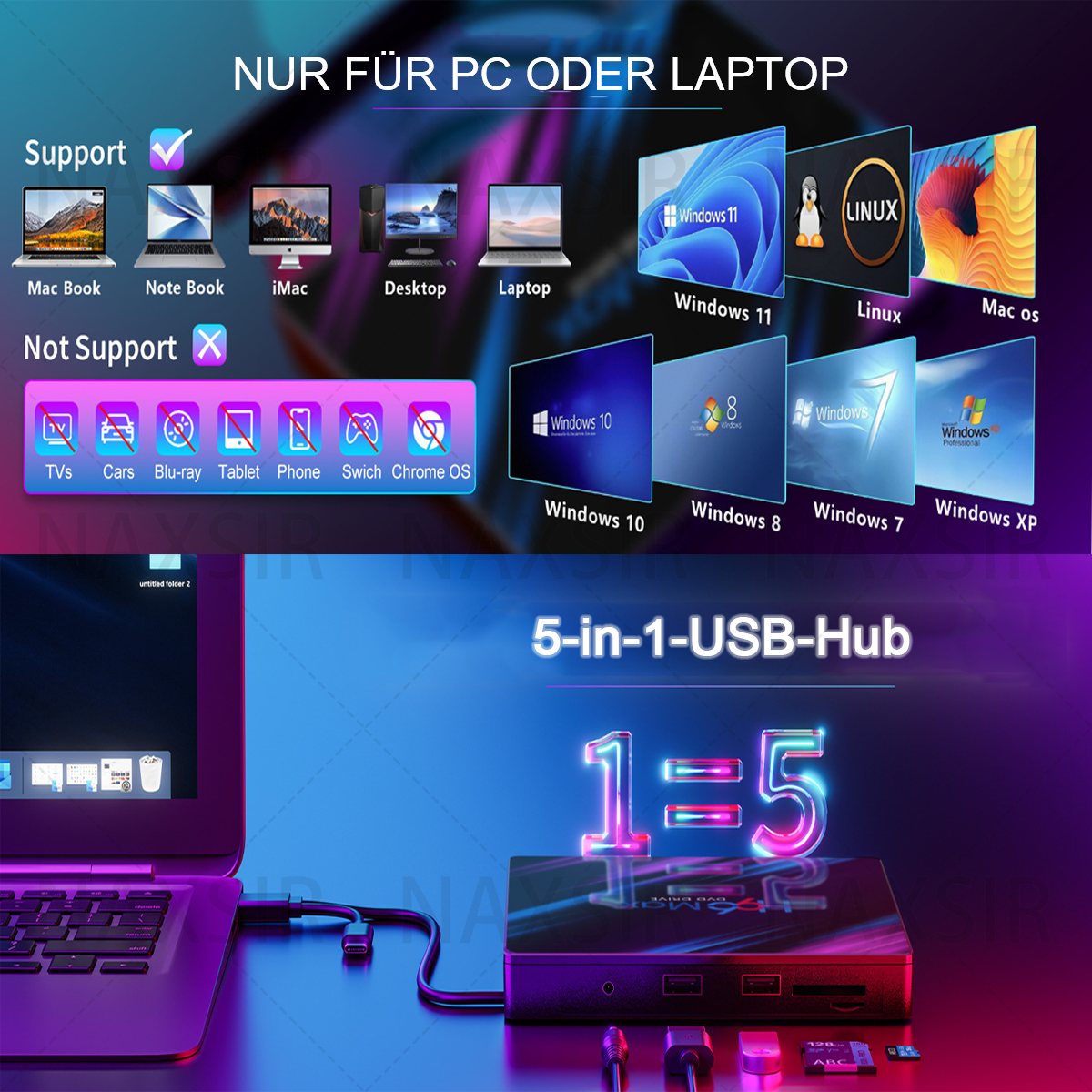 Laptop mit einem 5-in-1-USB-Hub verbunden. Unterstützt Mac Book, iMAC, Desktop, Laptop. Unterstützt keine TV, Autos, und Tablet.