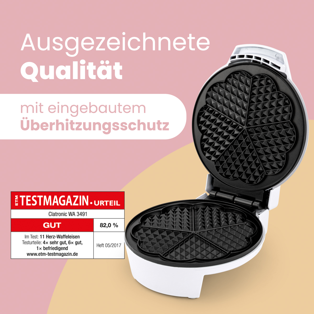 Biała gofrownica, otwarta. Etykieta recenzji po lewej. Biały tekst na różowym tle.