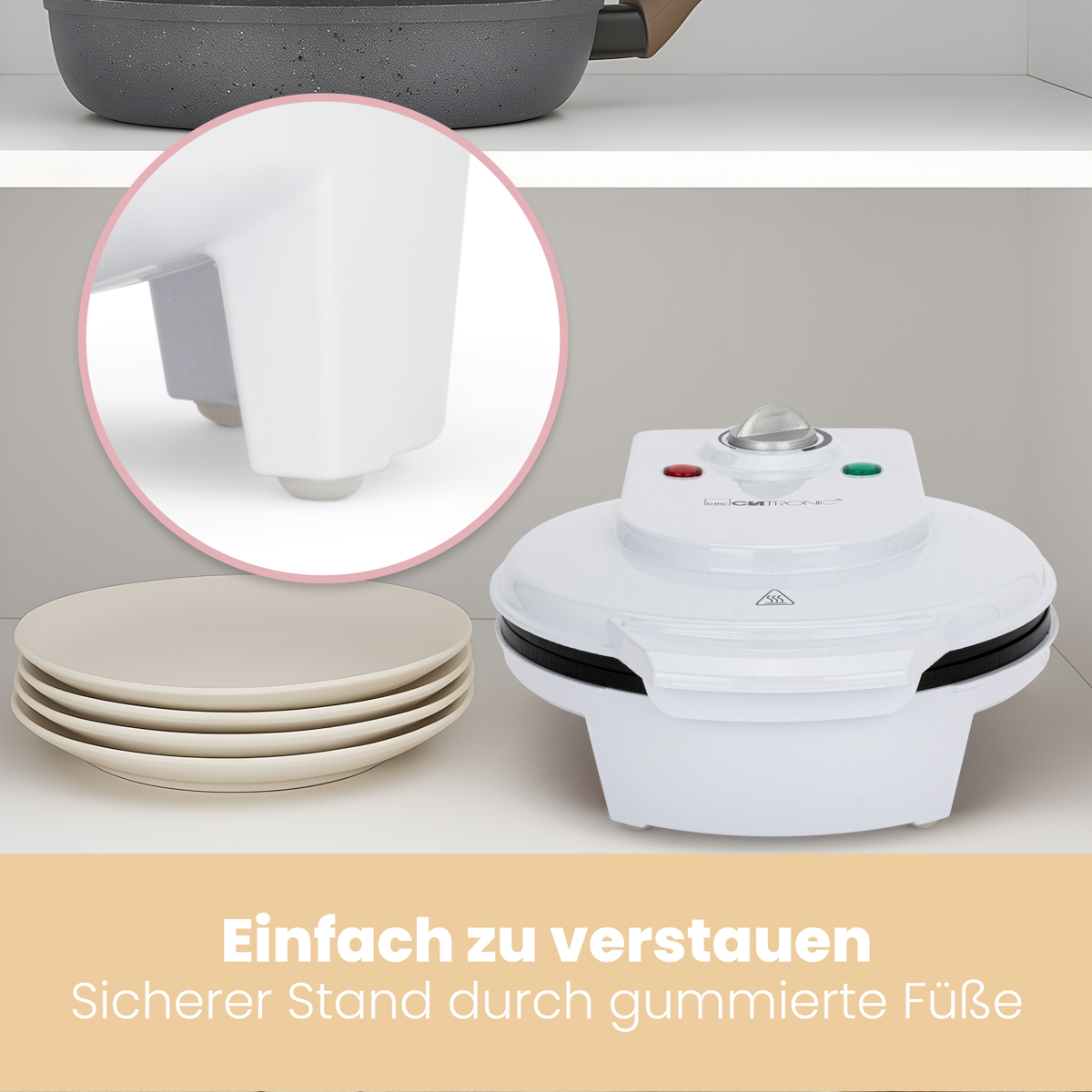 Biały gofrownica z czterema talerzami i stosikiem beżowych talerzy. Szczegół stóp.