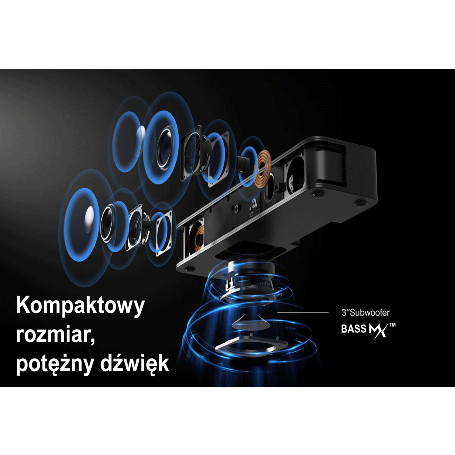 Widok rozstrzelony soundbara, pokazujący głośniki i elementy wewnętrzne z efektami niebieskiego światła na czarnym tle.