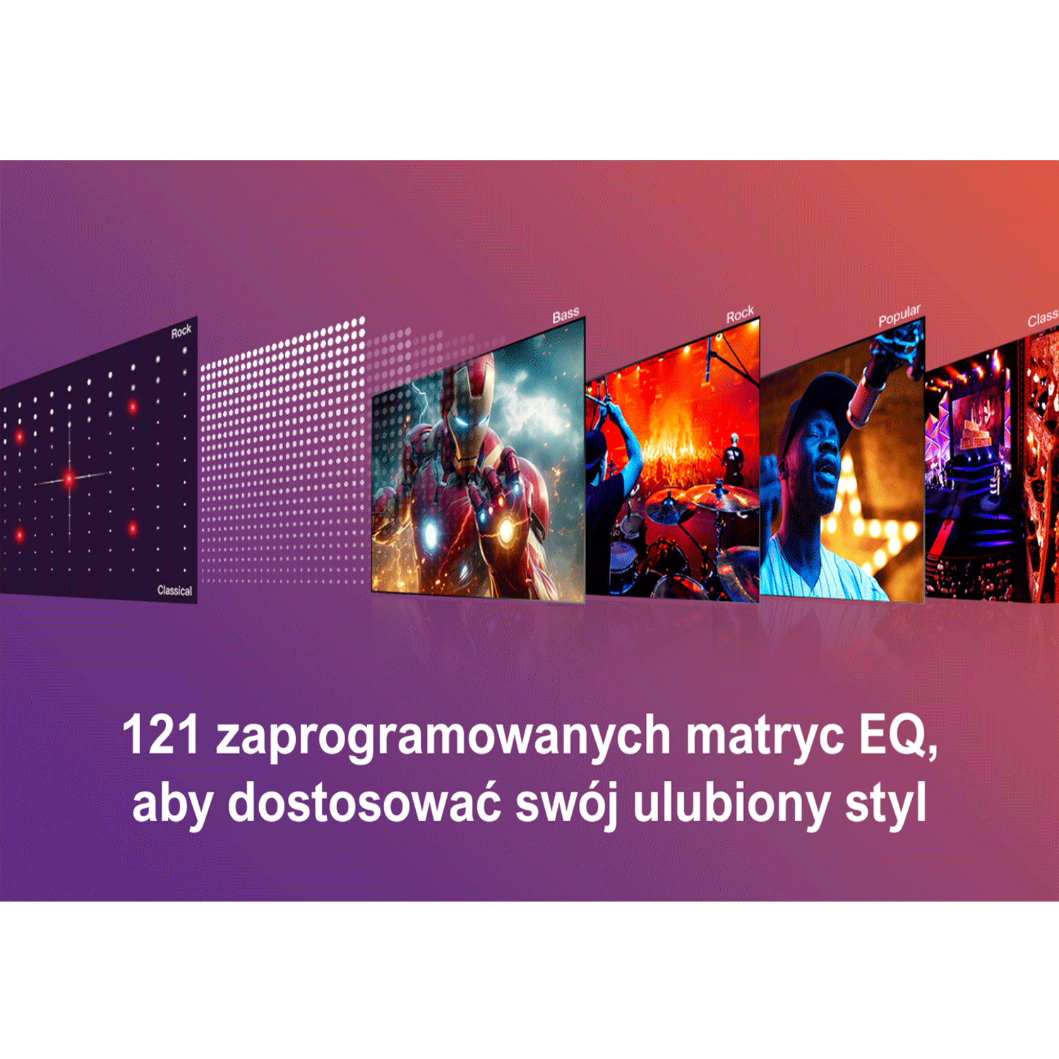 Wiele ekranów wyświetla ustawienia wstępne korektora muzycznego. Obrazy pokazują różne style muzyczne i ustawienia dźwięku na fioletowym tle.