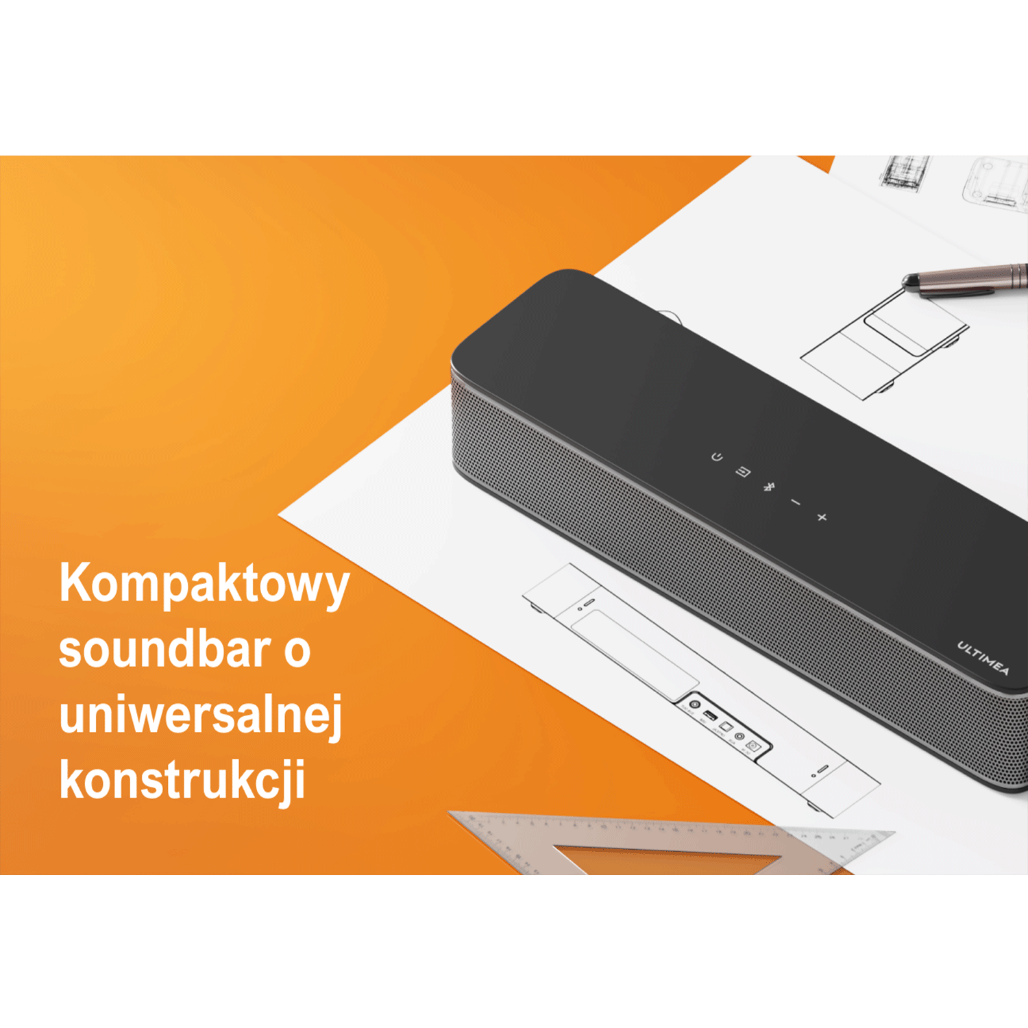 Soundbar na białym papierze, z rysunkami i pomarańczowym tłem.