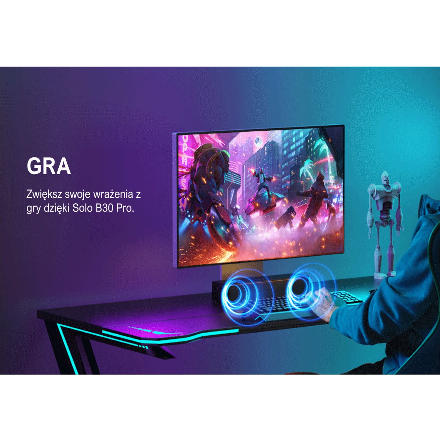 Osoba gra na komputerze. Ekran wyświetla scenę z gry. Neony na biurku i w pokoju.