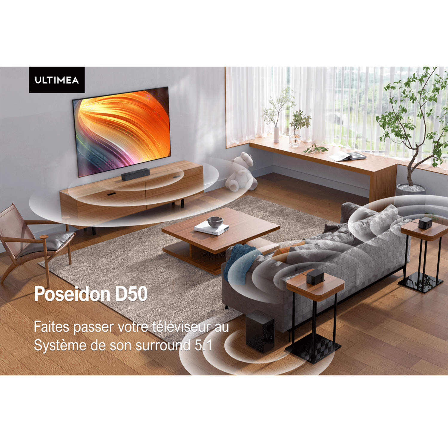 Salon z telewizorem, systemem dźwiękowym i meblami. Tekst: Poseidon D50, system dźwięku przestrzennego.