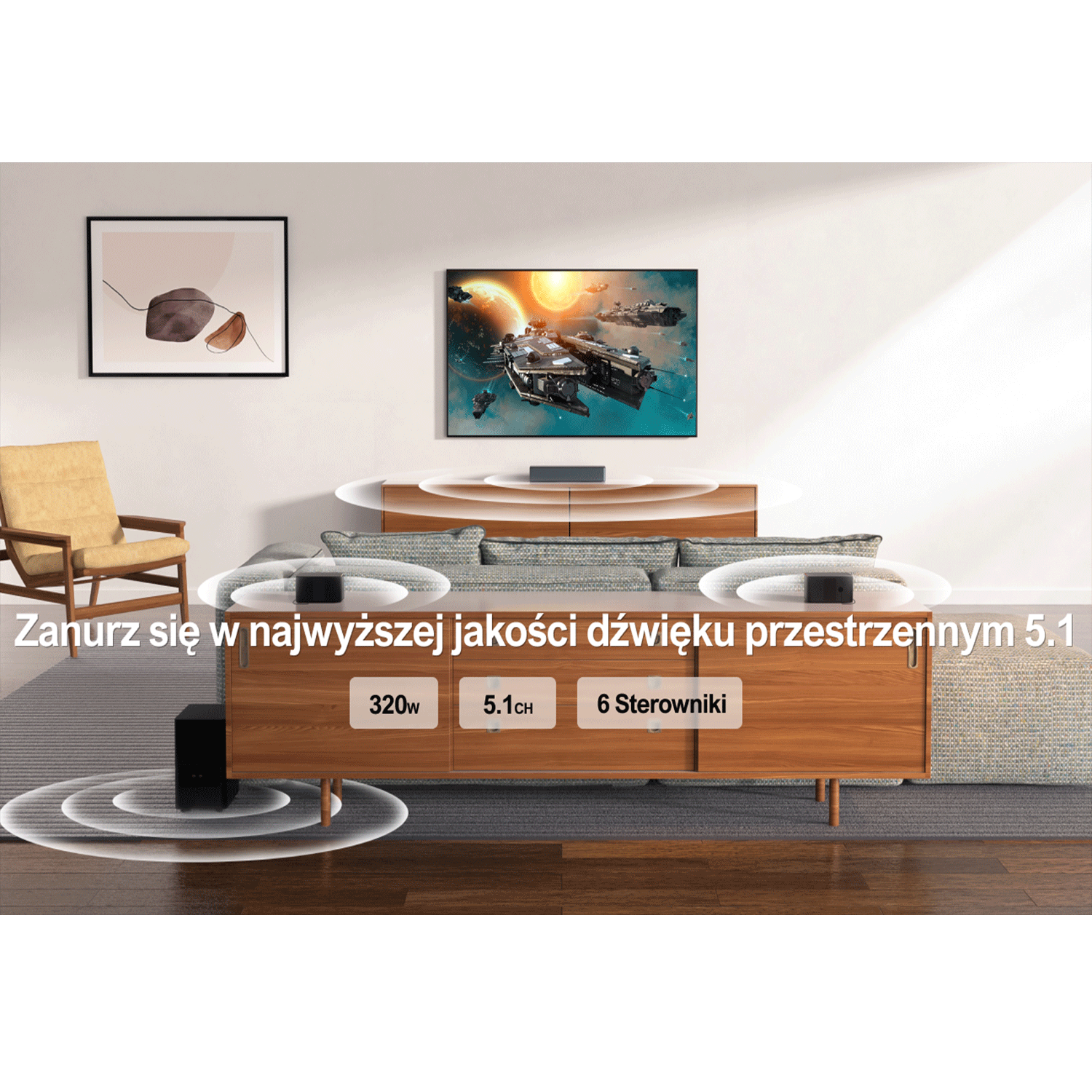 System dźwiękowy z soundbarem, subwooferem i dwoma głośnikami satelitarnymi w pokoju.