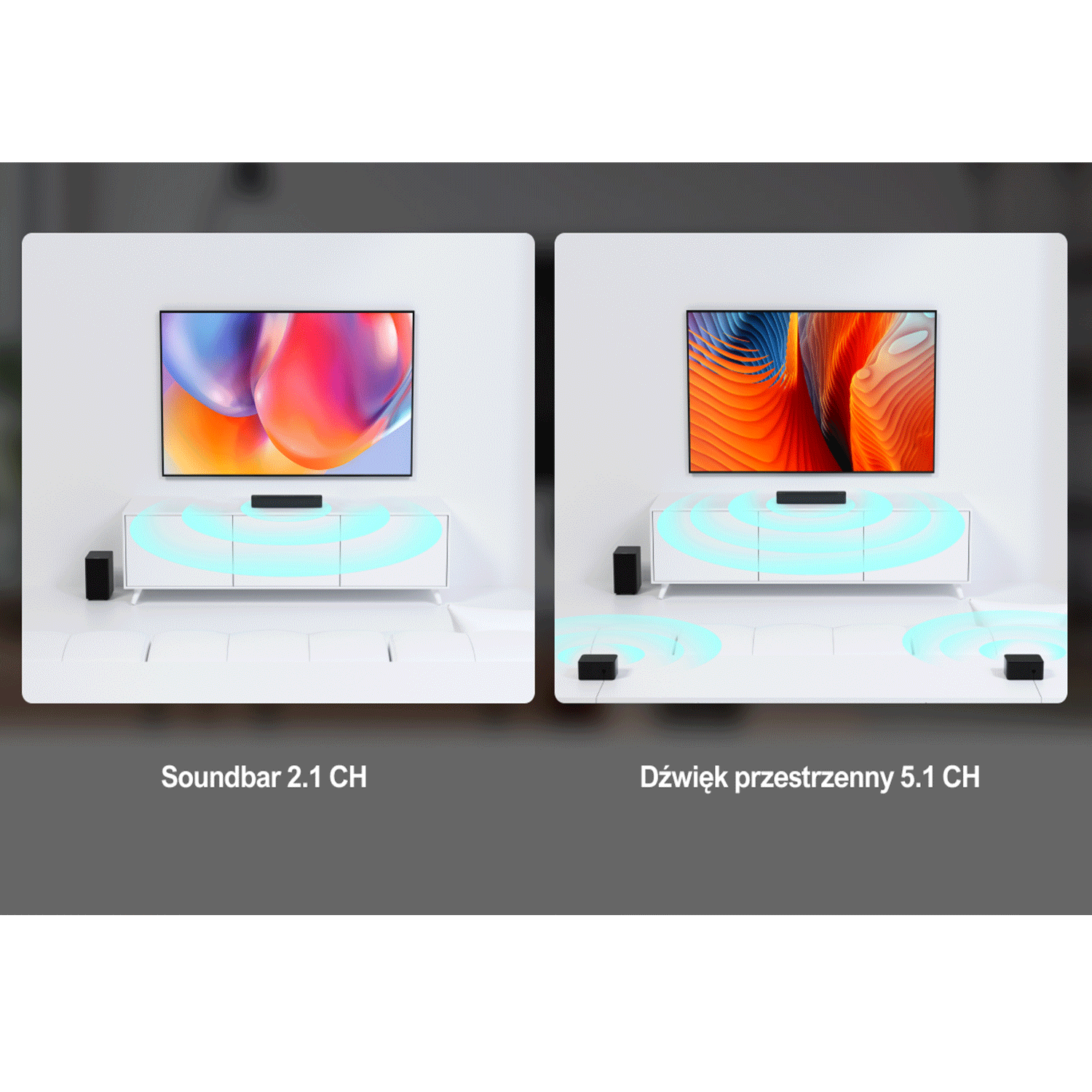 Dwa telewizory pokazujące soundbar 2.1 CH i dźwięk przestrzenny 5.1 CH. Tekst: Soundbar 2.1 CH, dźwięk przestrzenny 5.1 CH.