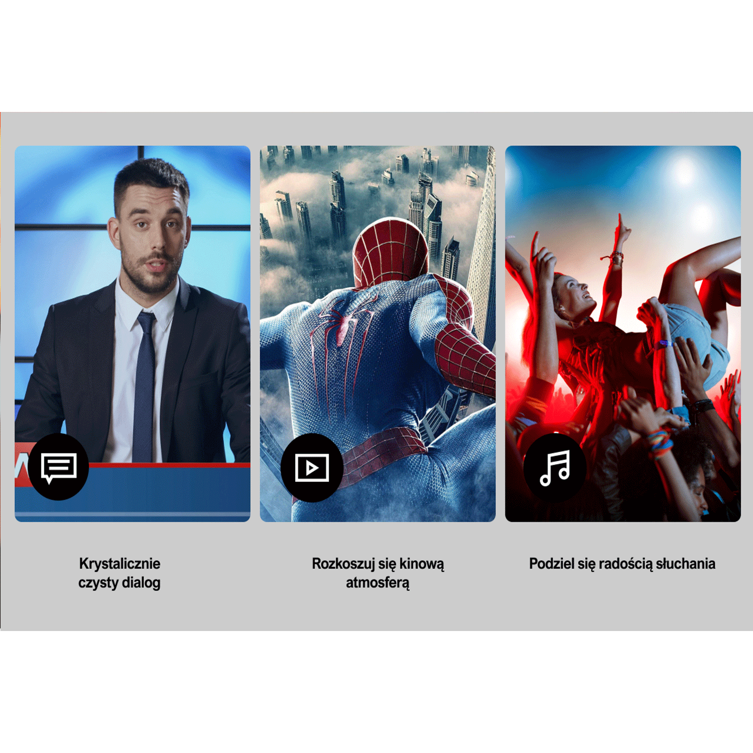 Trzy ekrany z obrazami, mężczyzna, Spiderman i tłum. Tekst: Czysty dialog, atmosfera, radość.