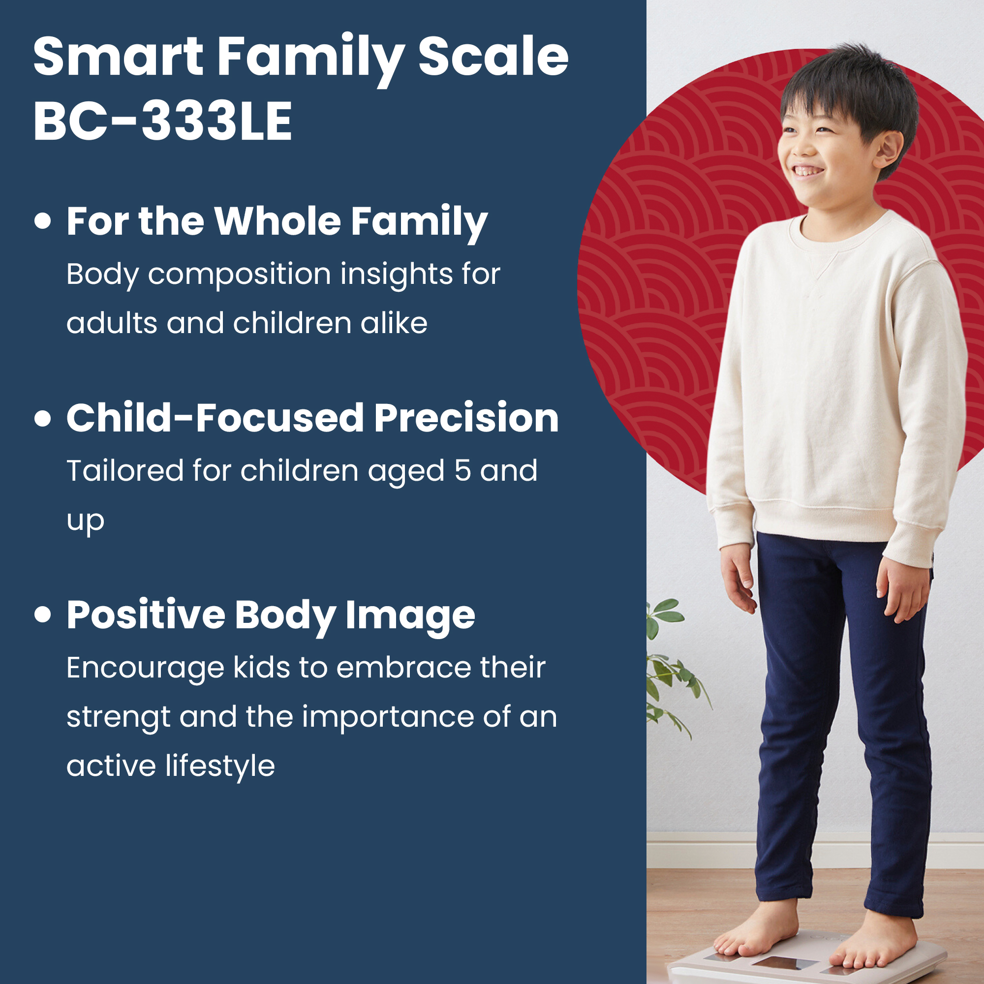 Junge steht auf einer Waage. Text: Smart Family Scale, für die ganze Familie, kindorientiert, positives Körperbild.