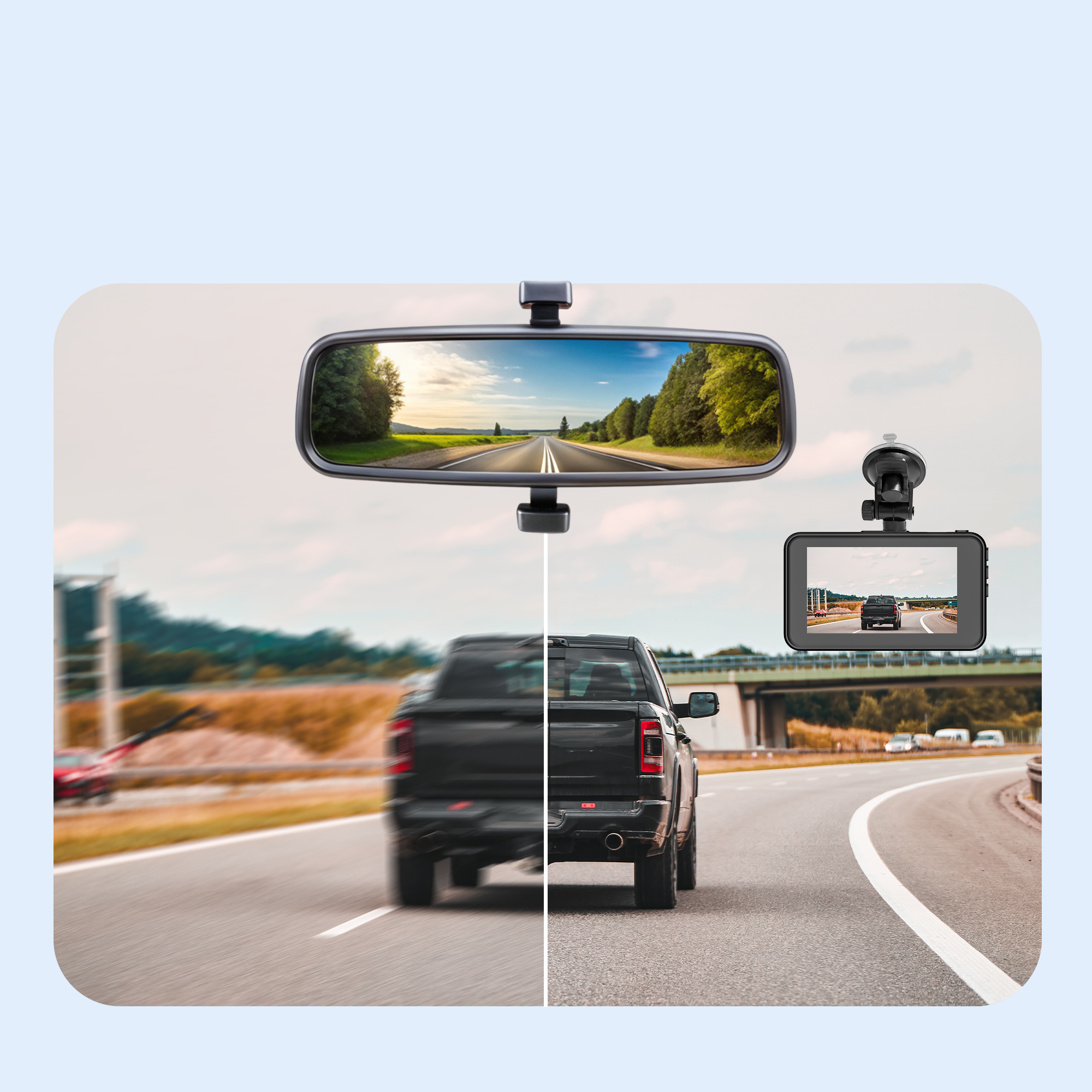 Dashcam dans la voiture montrant la route et le rétroviseur. La voiture est sur la route.