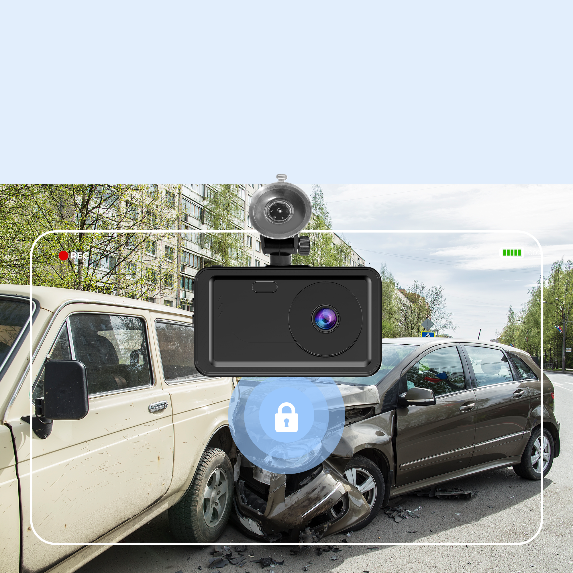 Dashcam montrant un accident entre deux voitures. Un symbole de cadenas est à l'écran.