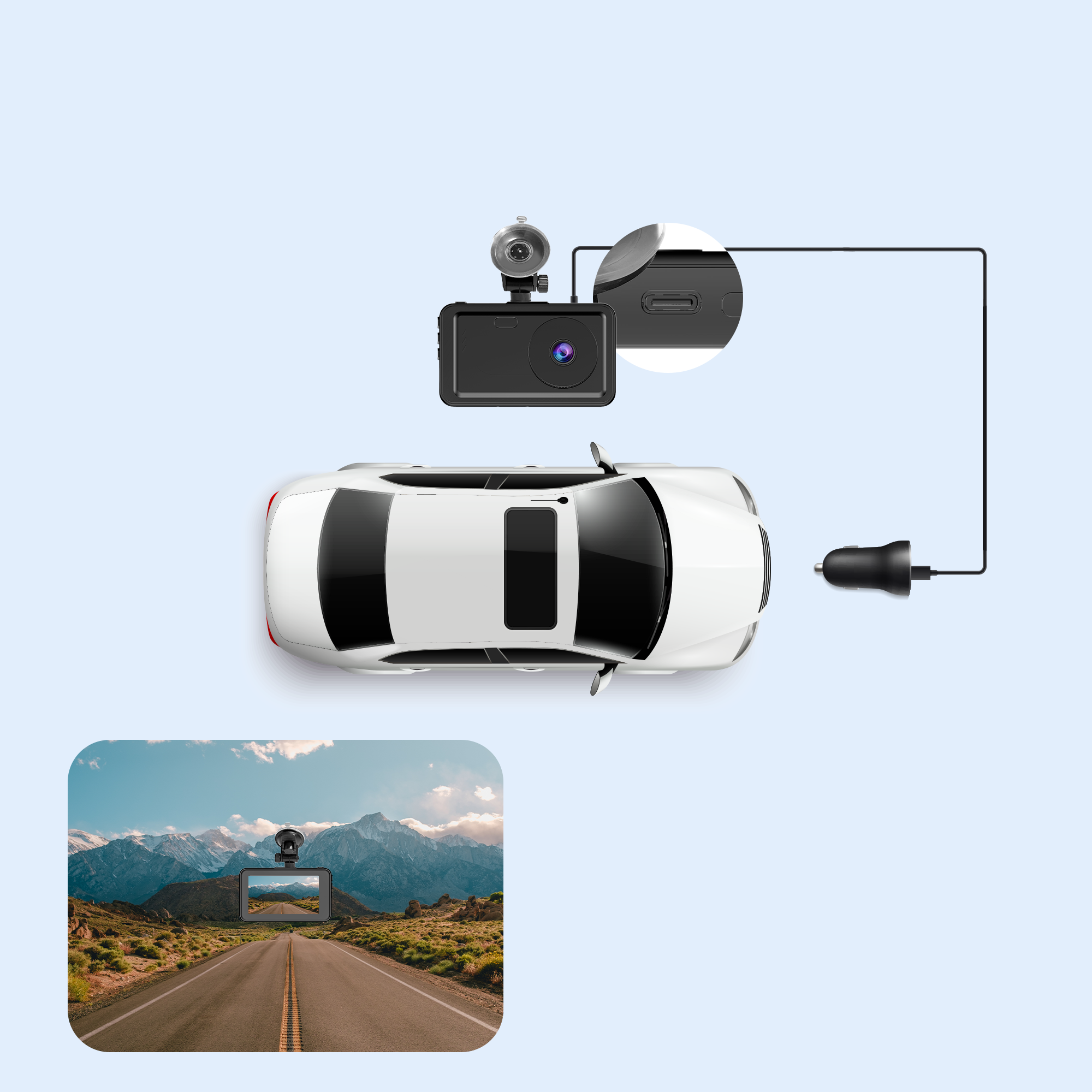 Vue de dessus d'une voiture avec dashcam et câble de chargement. Les montagnes et la route sont à l'écran.