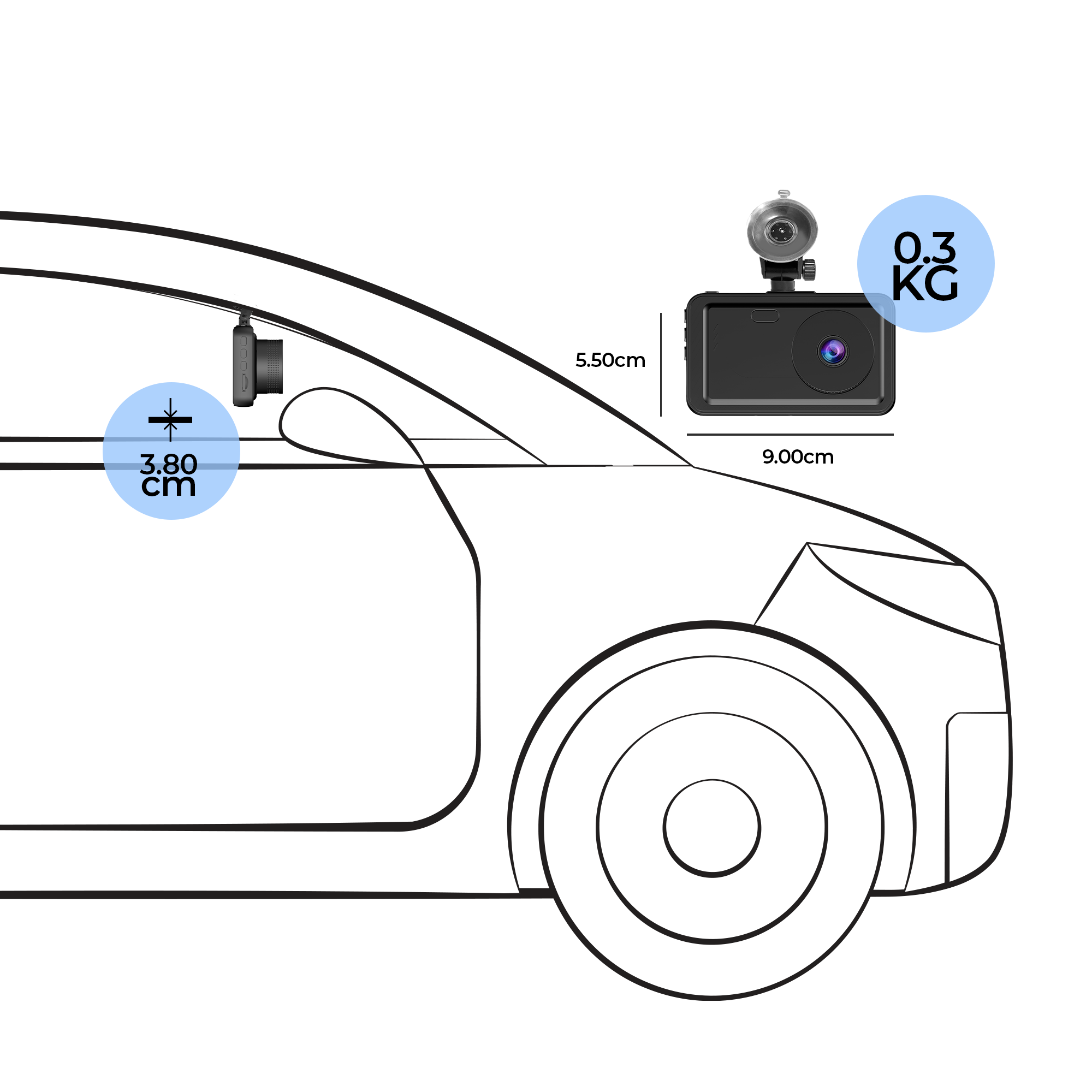 Diagramme d'une voiture avec les dimensions de la dashcam. La caméra est petite et montée sur le pare-brise.