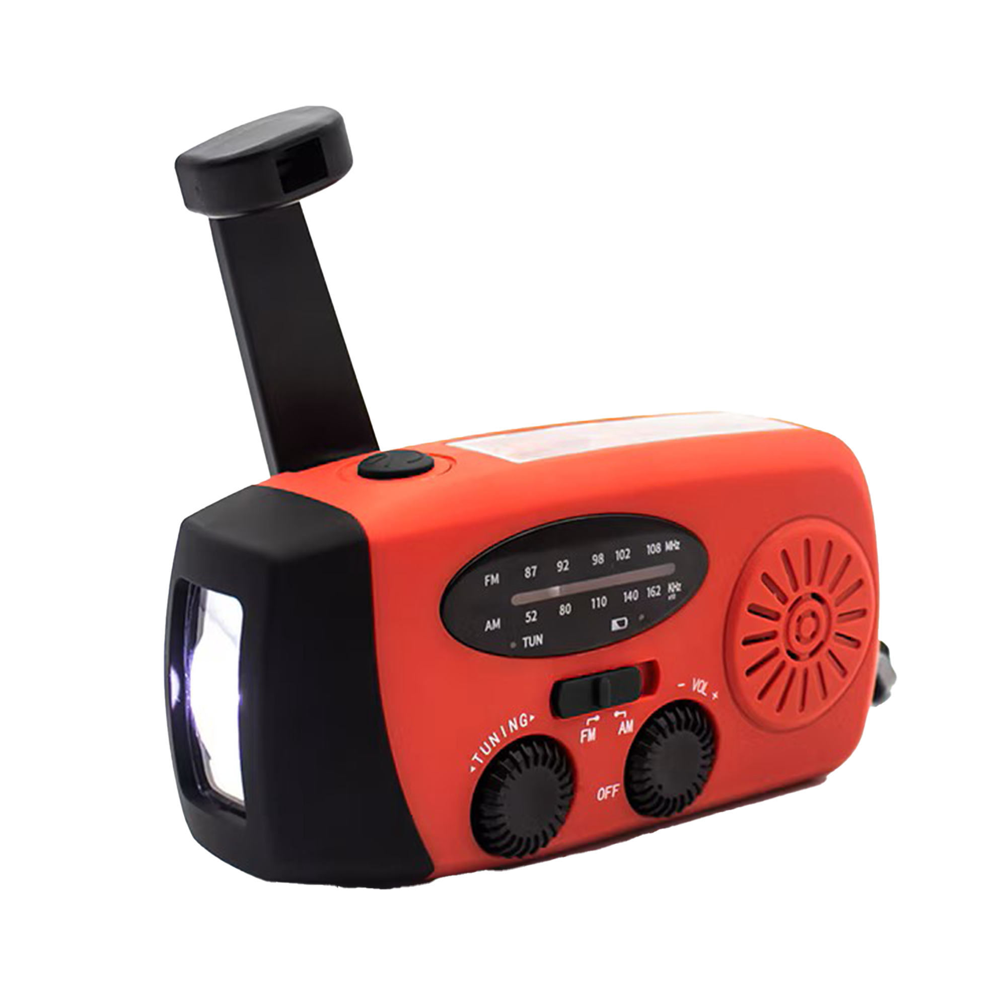 Rode en zwarte handslinger radio met zaklamp, knoppen en slinger.