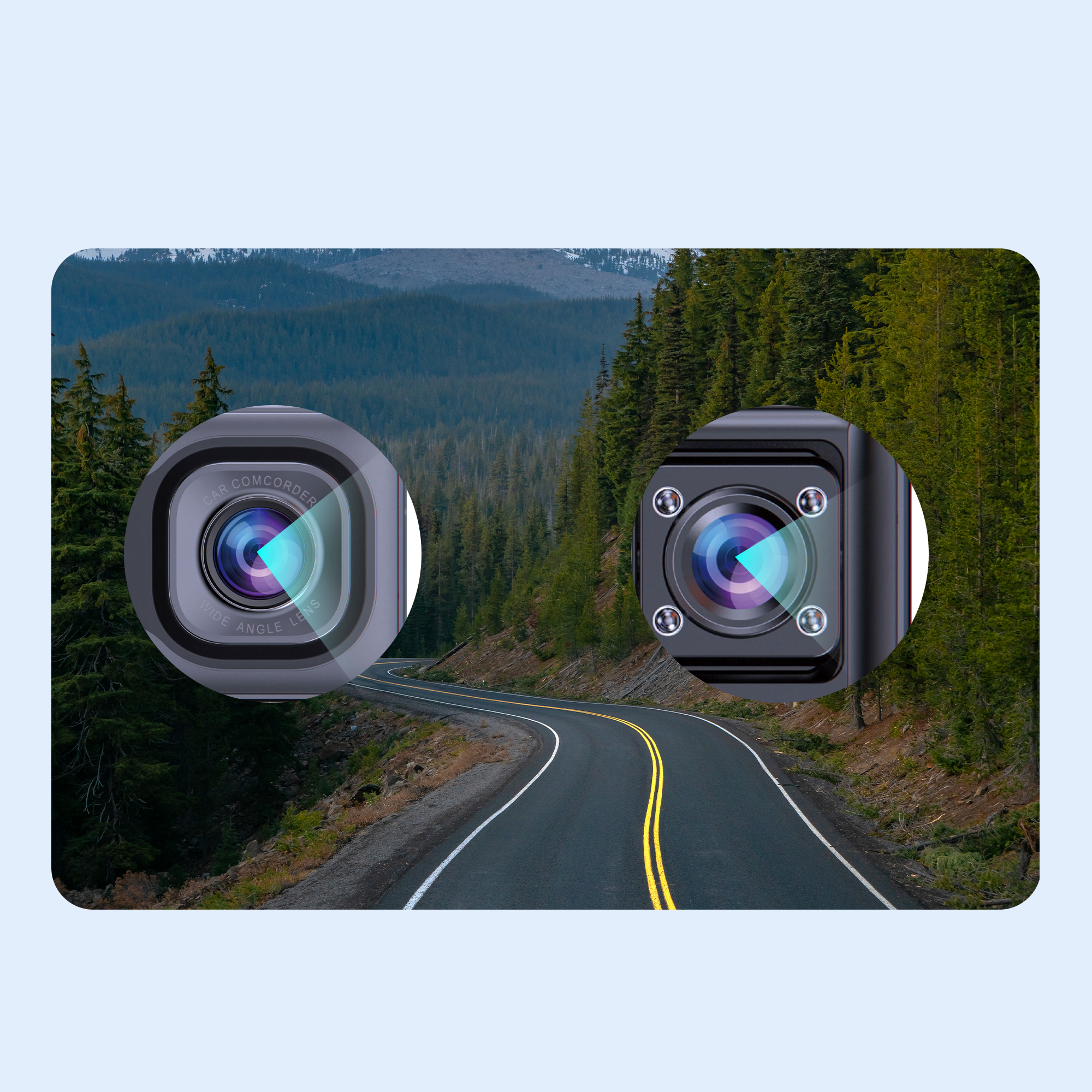 Zwei Auto-Dashcams mit Straße und Bäumen im Hintergrund, blauer Himmel.