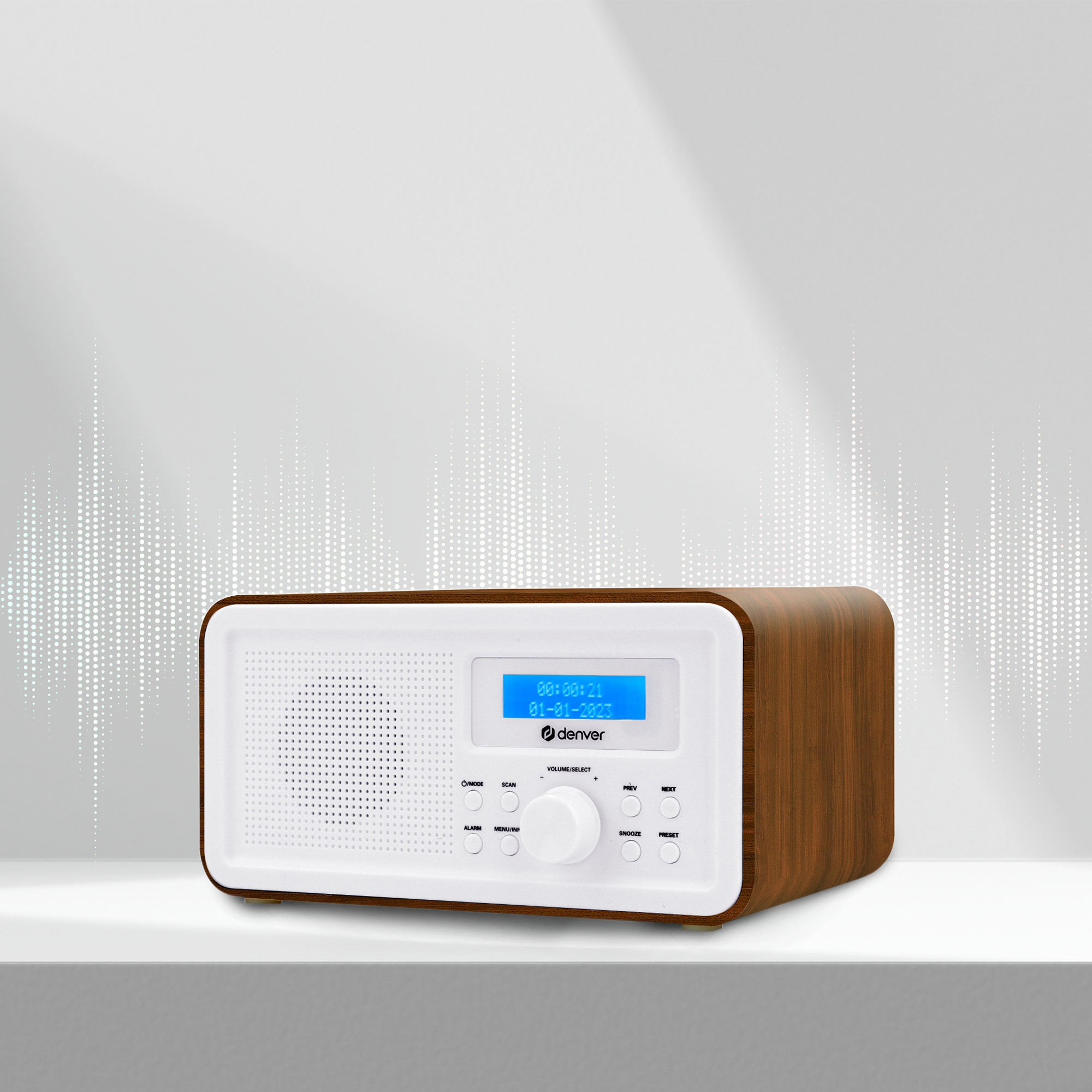 Holzoptik-Radio mit weißer Front, Display, Denver-Logo und Wellenform.