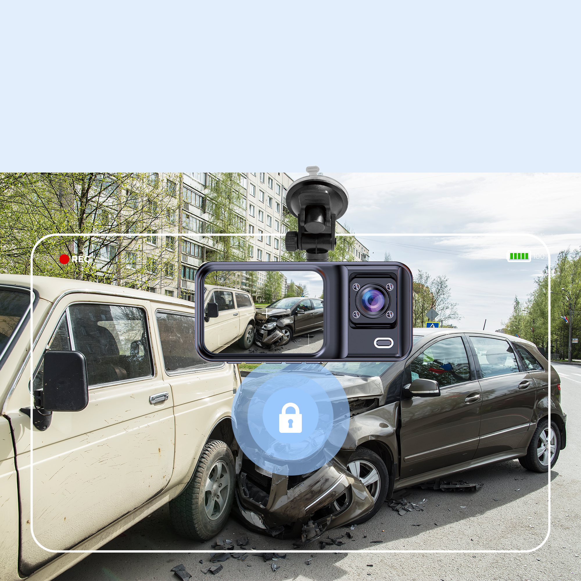 Autounfall mit Dashcam. Autos beschädigt und ein Schloss-Symbol wird gezeigt.