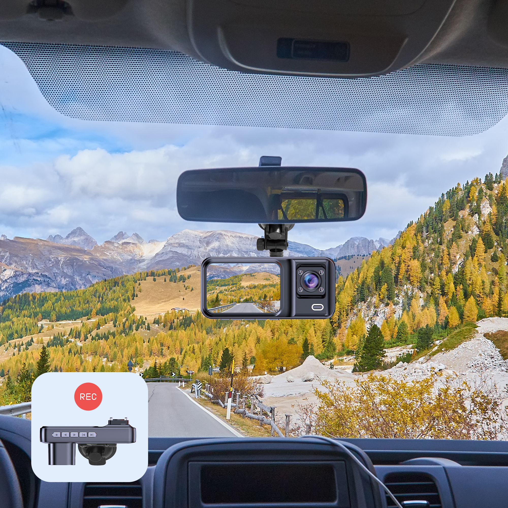 Innenausblick eines Autos mit Dashcam; Berge im Hintergrund, eine Straße dazwischen und ein Armaturenbrett.