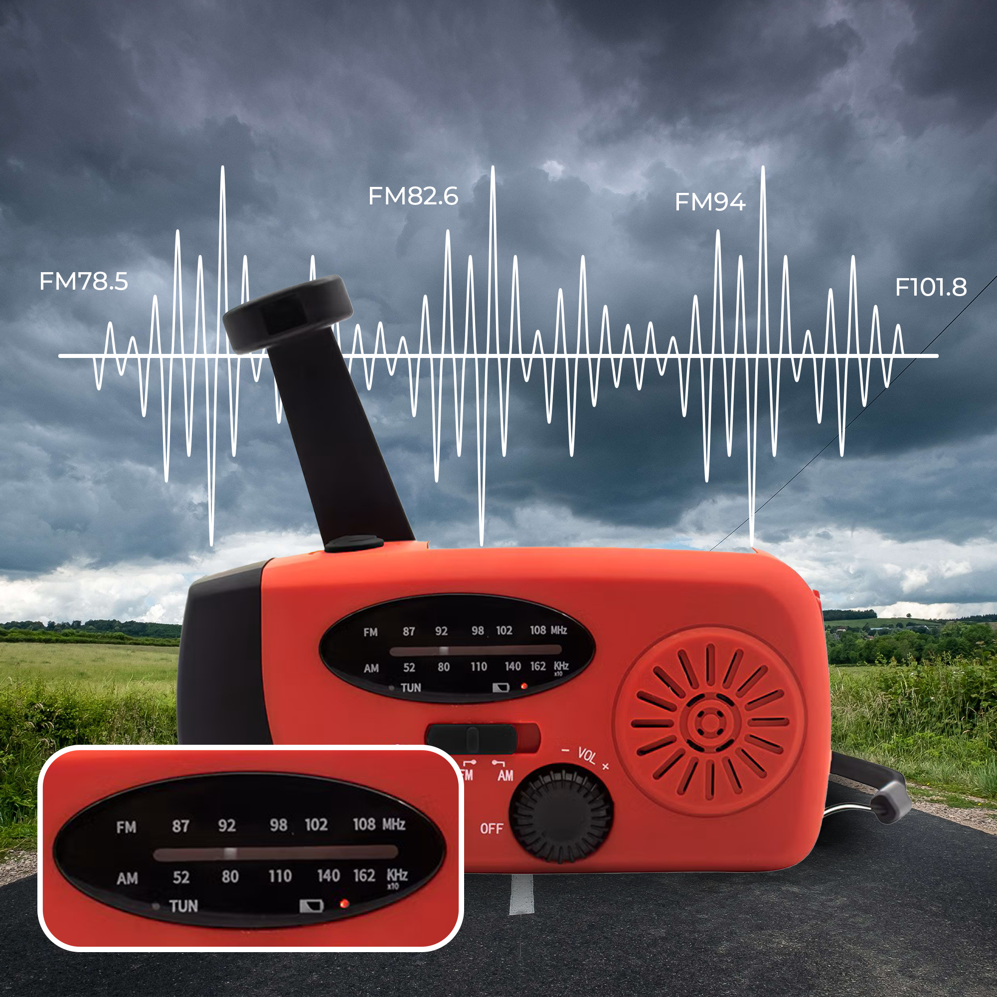 Rode handslinger radio met digitaal display en een golfvorm grafiek erboven.