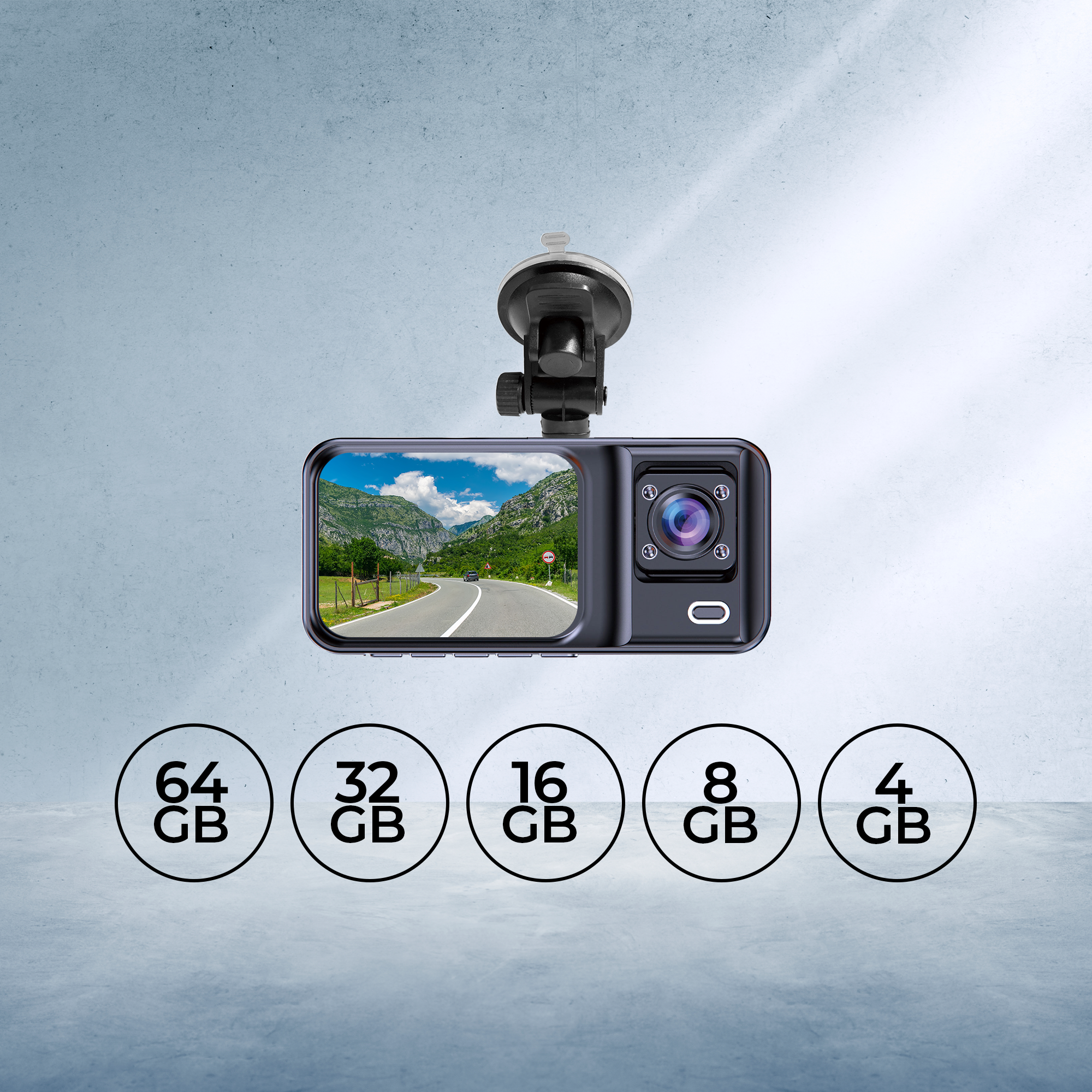 Dashcam an Windschutzscheibe befestigt, Straßenansicht. GB-Speicheroptionen unter Dashcam.