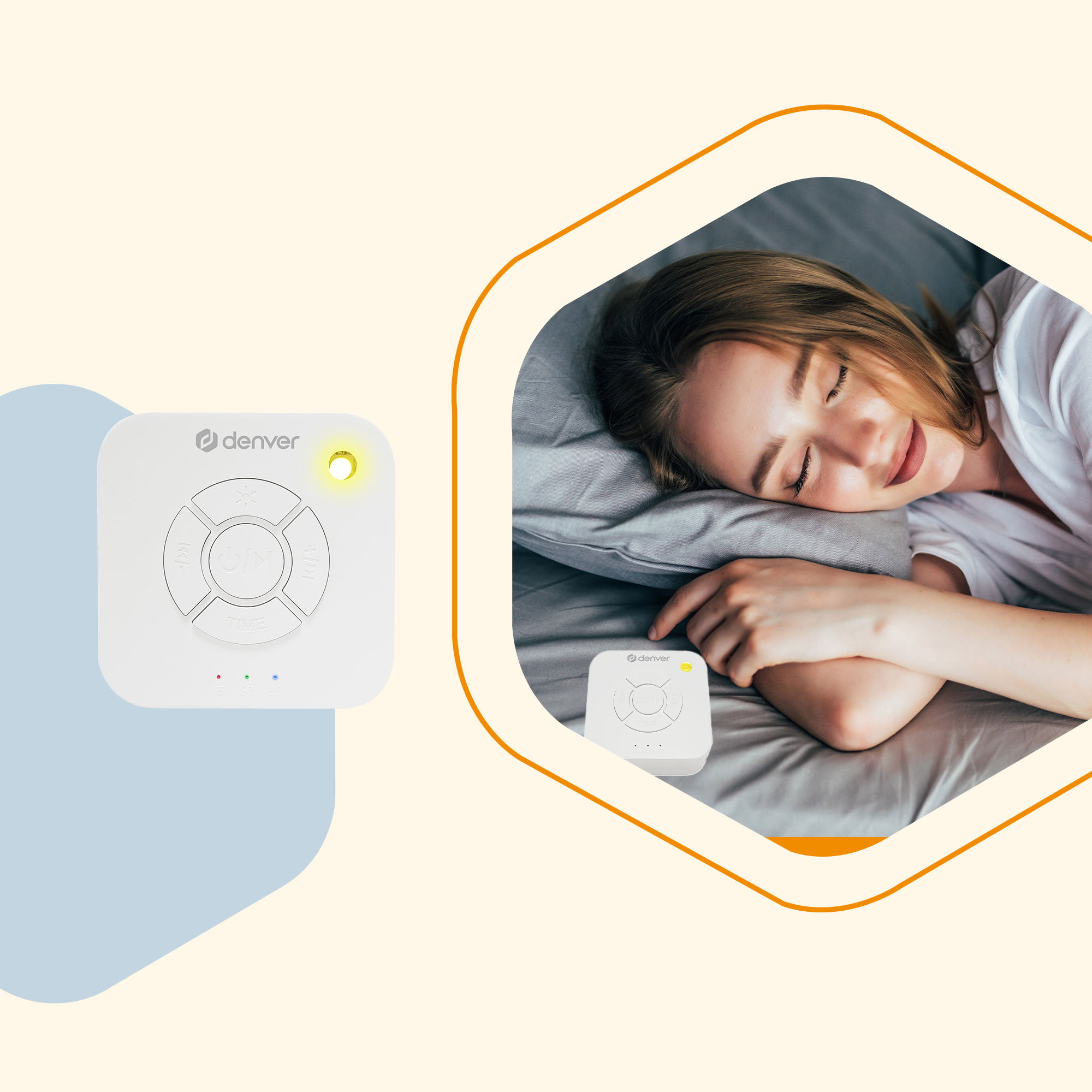 Macchina del suono bianca accanto a una donna che dorme. Logo Denver e pulsanti visibili.